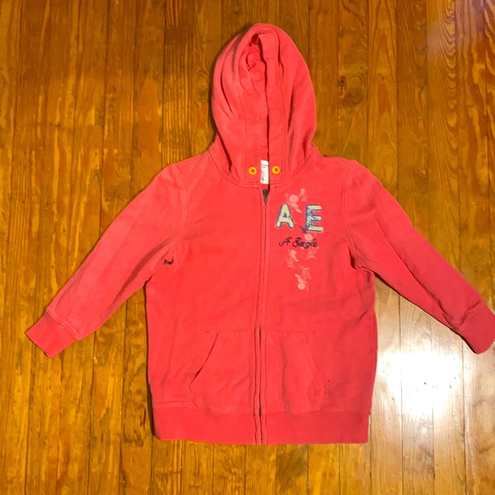 American Eagle Women’s Zip Up Hoodie Large – Pink Eagle Logo – Cozy Fleece